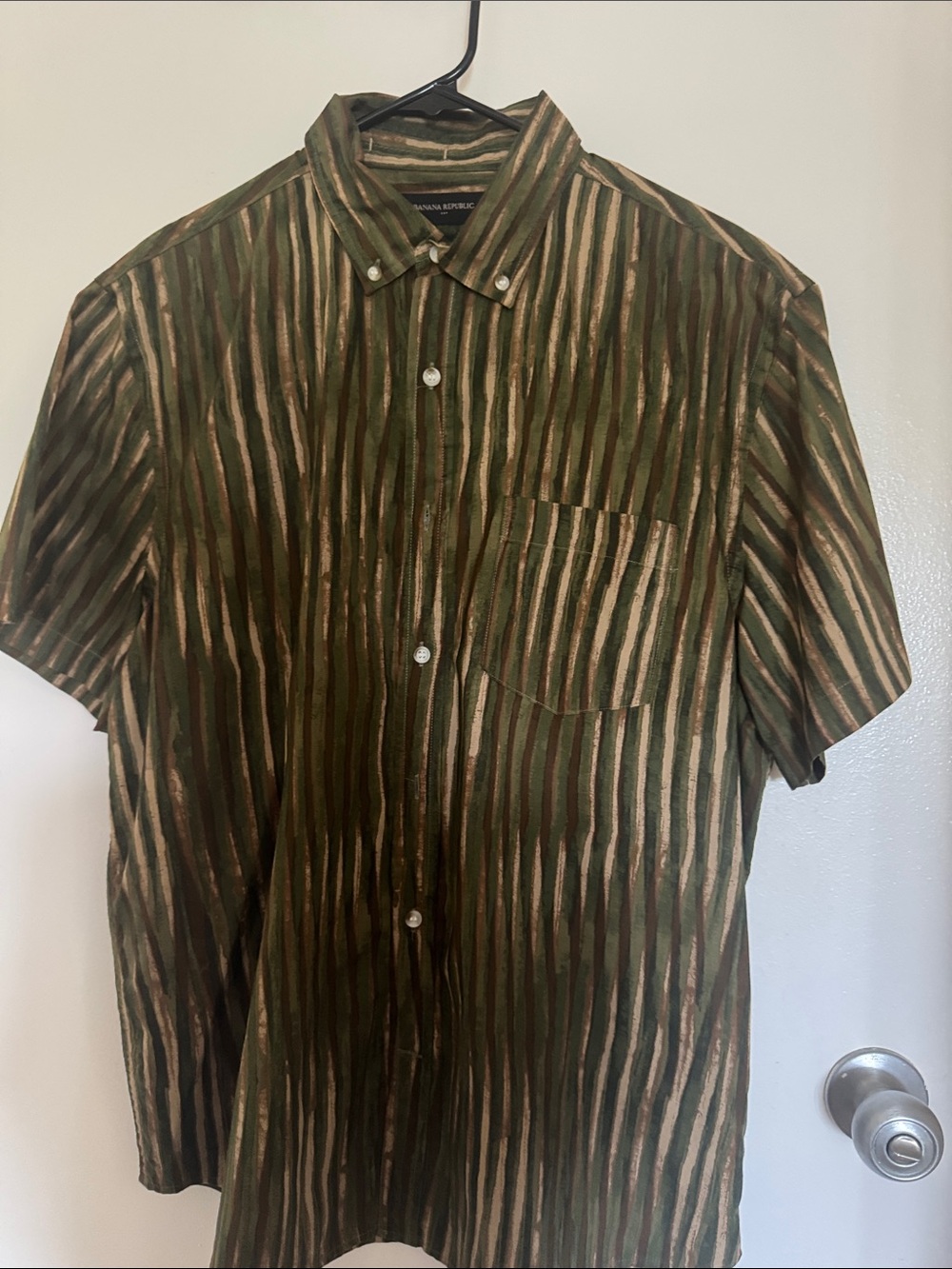 Banana Republic Olive Green and Beige Vertical Stripe Button-Down Shirt